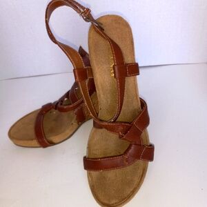 MERONA 4 in. Wedge 7.5 brown strappy sandal with cork  look wedge 90's